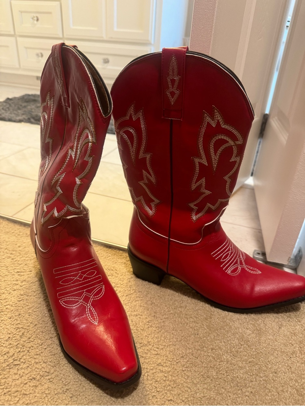 Red Western Cowboy Boots with Silver Stitching